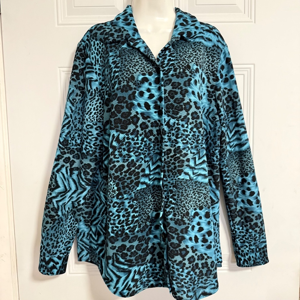 Susan Graver Style Button Up Blouse Top SZ 1X Animal Print Wild Chic Glam‎